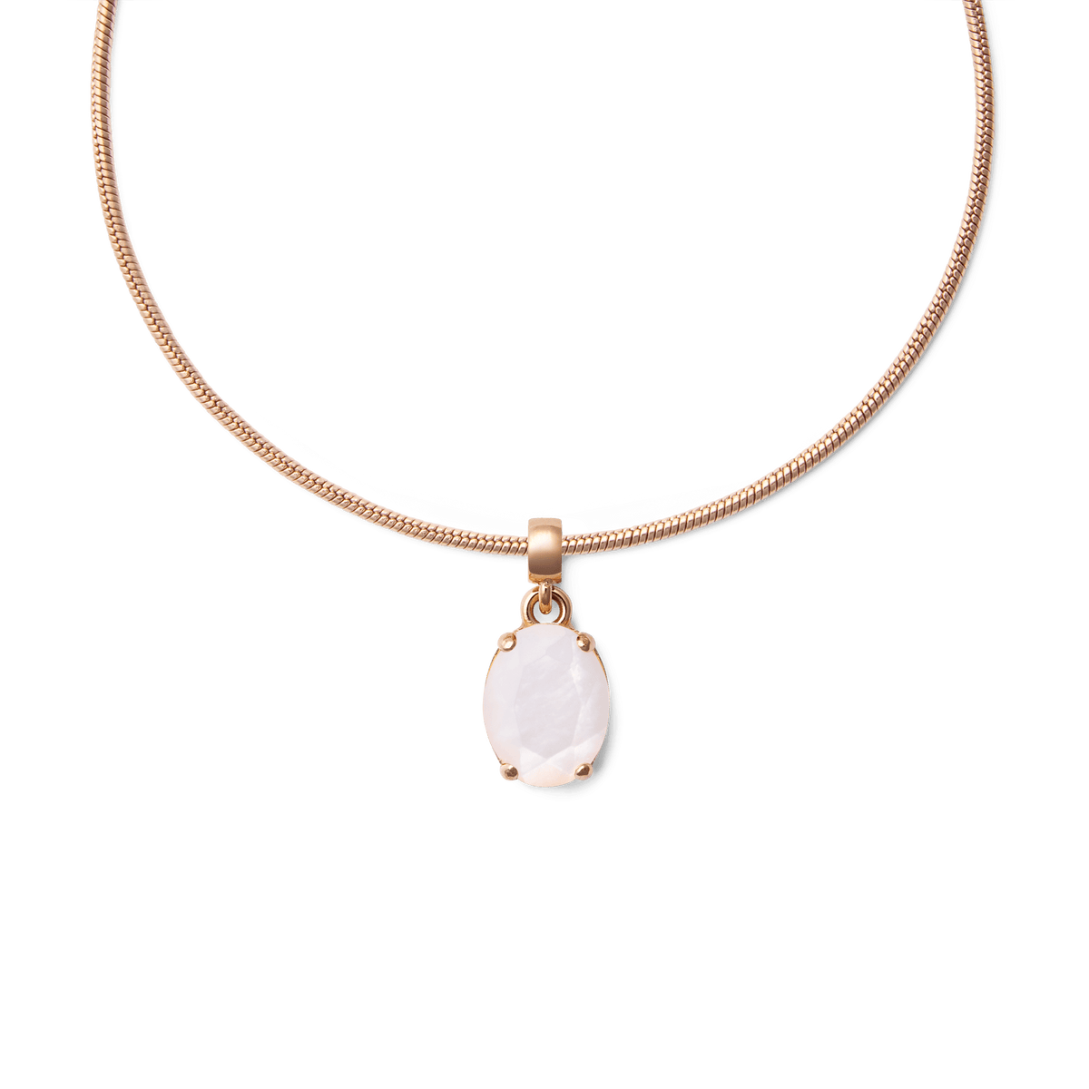 Rose gold necklace featuring an oval mother of pearl charm with a delicate prong setting, highlighting the charm’s natural iridescence and elegant simplicity.