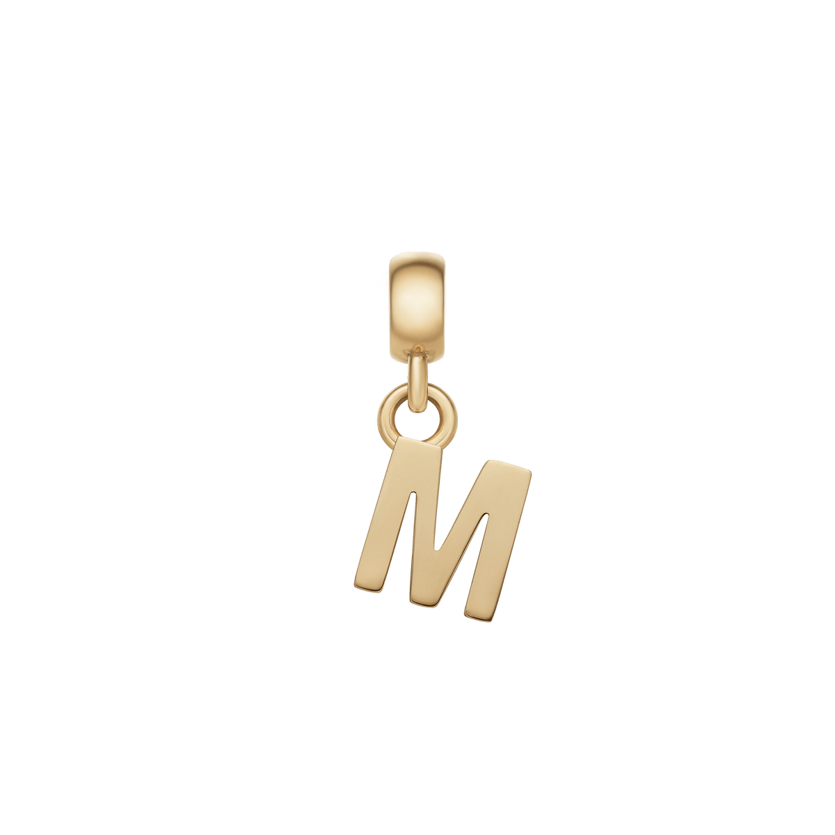 Gold letter M charm with a sleek, polished finish and an adjustable clasp, designed for personalising bracelets or necklaces with a modern, minimalist touch.