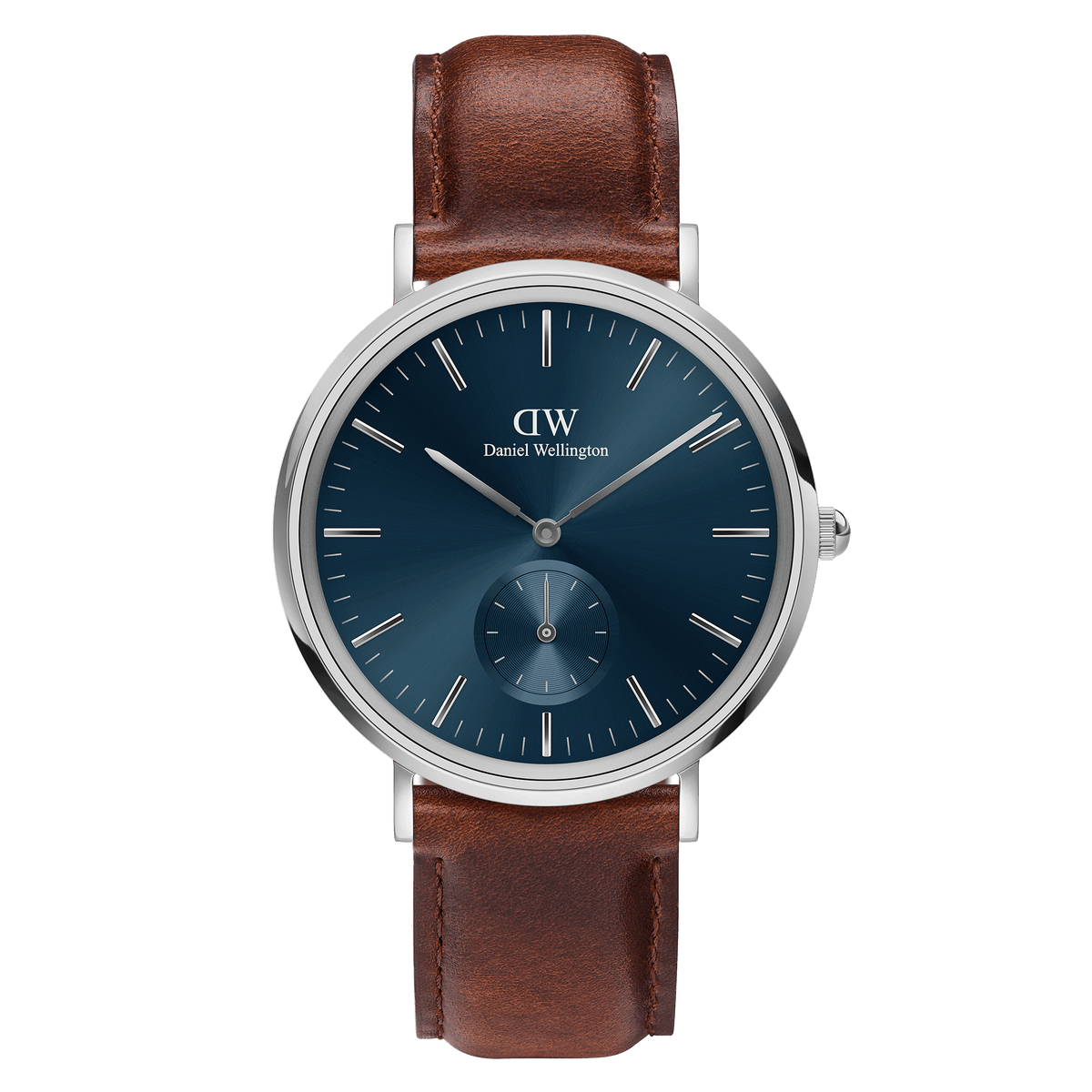 Classic Multi-Eye St Mawes Arctic Silver watch featuring a deep blue dial with multi-eye display, polished silver case, and a rich brown leather strap.