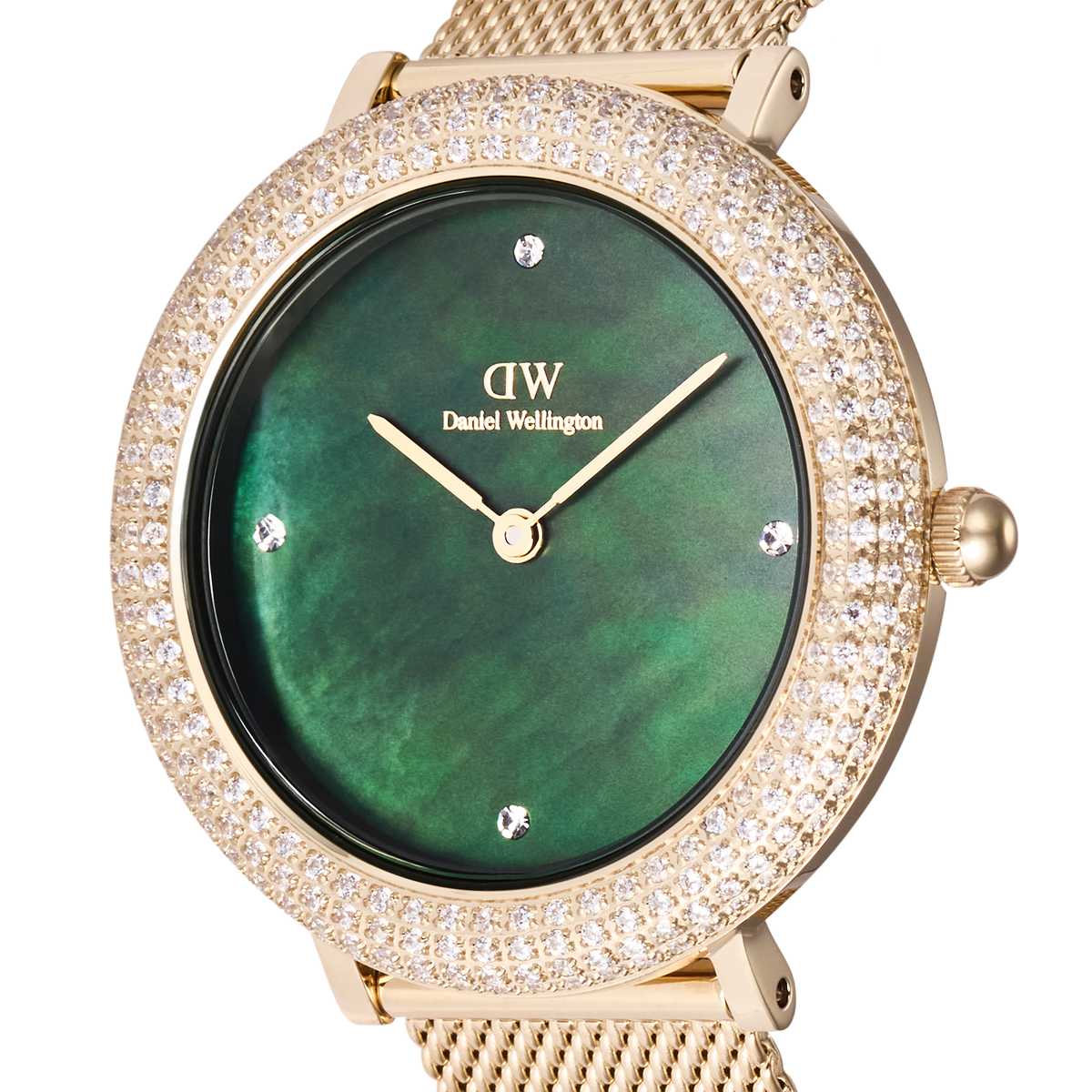 Close-up of Crystalline Bezel Evergold Green watch with gold mesh strap, green mother-of-pearl dial, and sparkling crystal bezel.