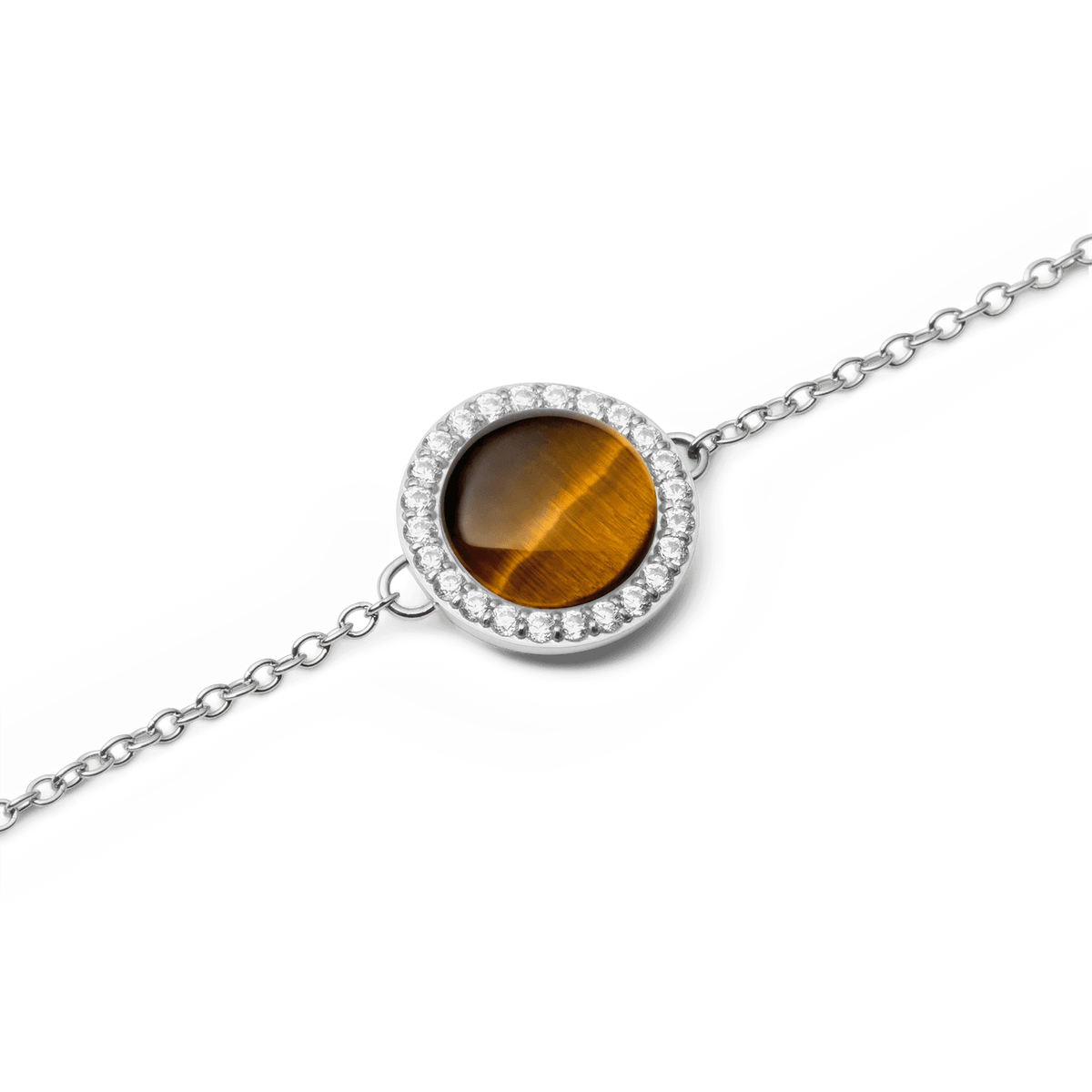 Close-up of Audrey Bracelet Tiger Eye Silver featuring domed tiger eye stone and cubic zirconia halo on a fine silver chain.