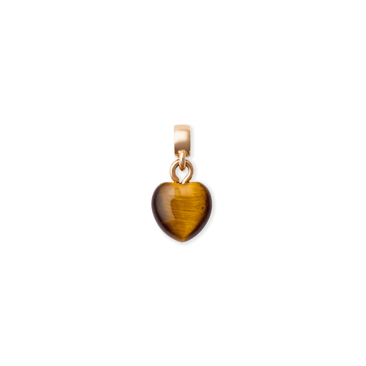Heart-shaped rose gold charm featuring a polished tiger eye stone with natural golden-brown veining, set on a minimalist rose gold bail.