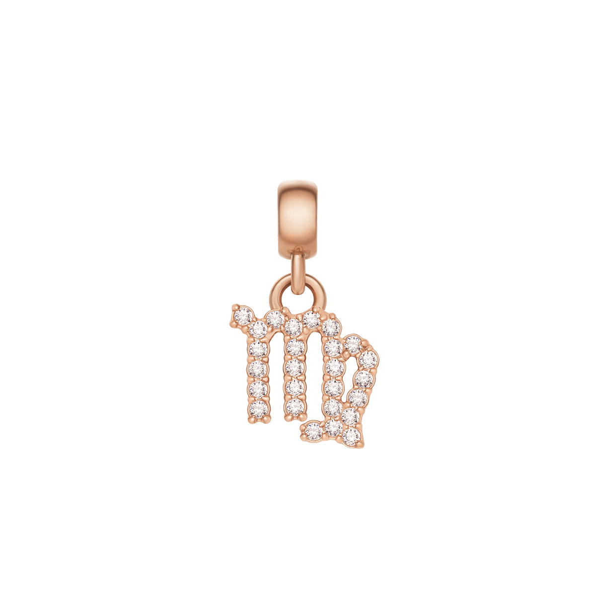 Rose gold Virgo zodiac charm crafted from stainless steel, featuring sparkling cubic zirconia crystals in a claw setting.
