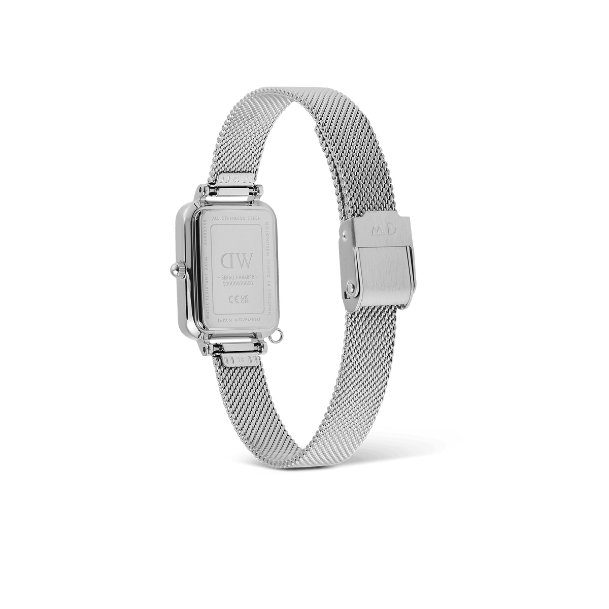 Quadro Crystal Zodiac Sterling watch rear view showing stainless steel mesh strap and engraved case back detailing.
