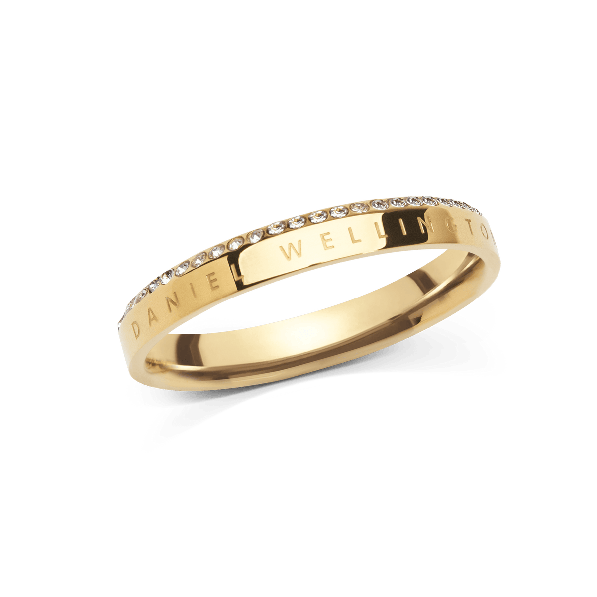Slim gold ring with a polished finish, featuring a single row of white cubic zirconia crystals along the chamfered edge and the Daniel Wellington engraving on the band.