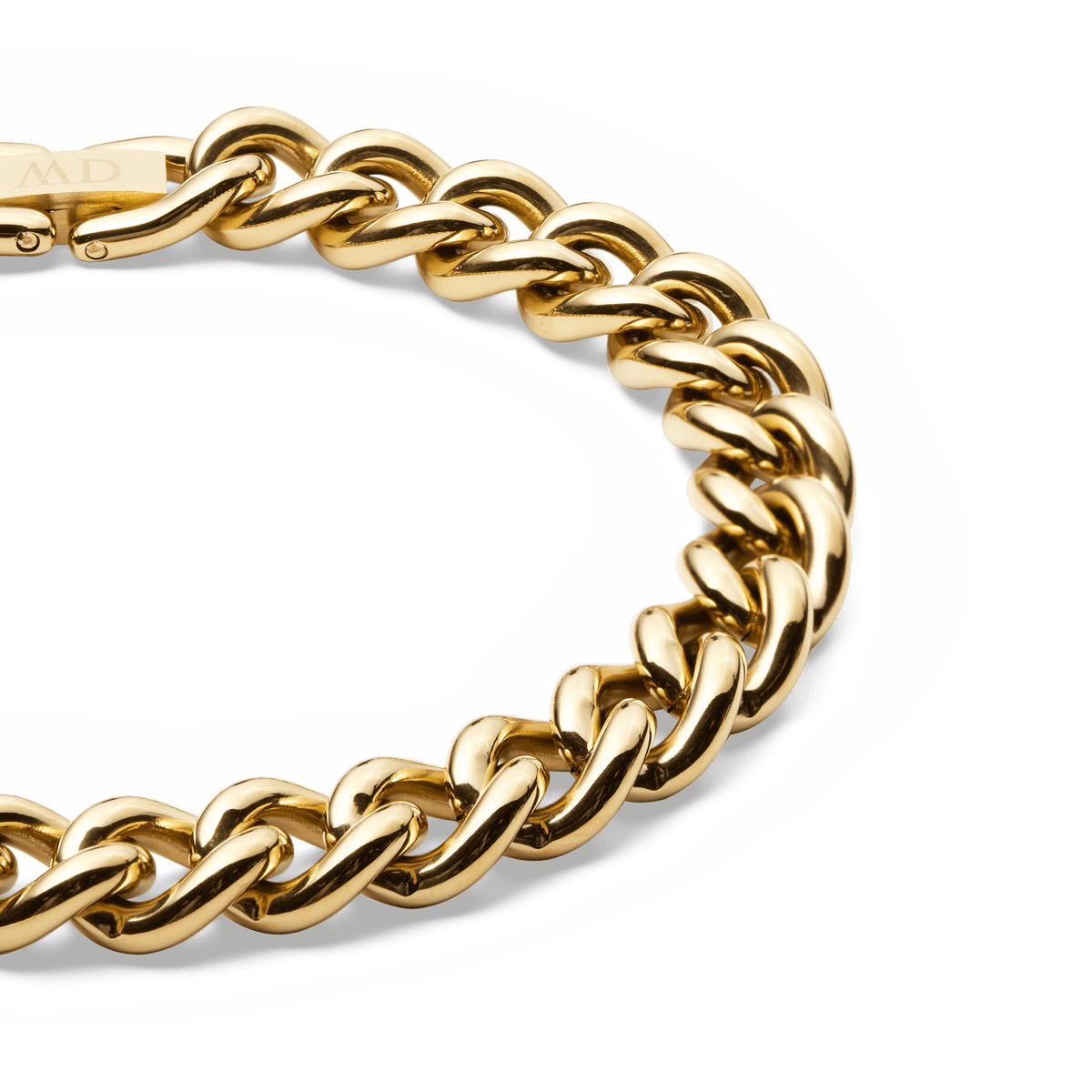 Close-up of the Chunky Chain Bracelet Gold, showing polished gold-plated stainless steel links with a smooth, rounded finish and secure clasp detail.
