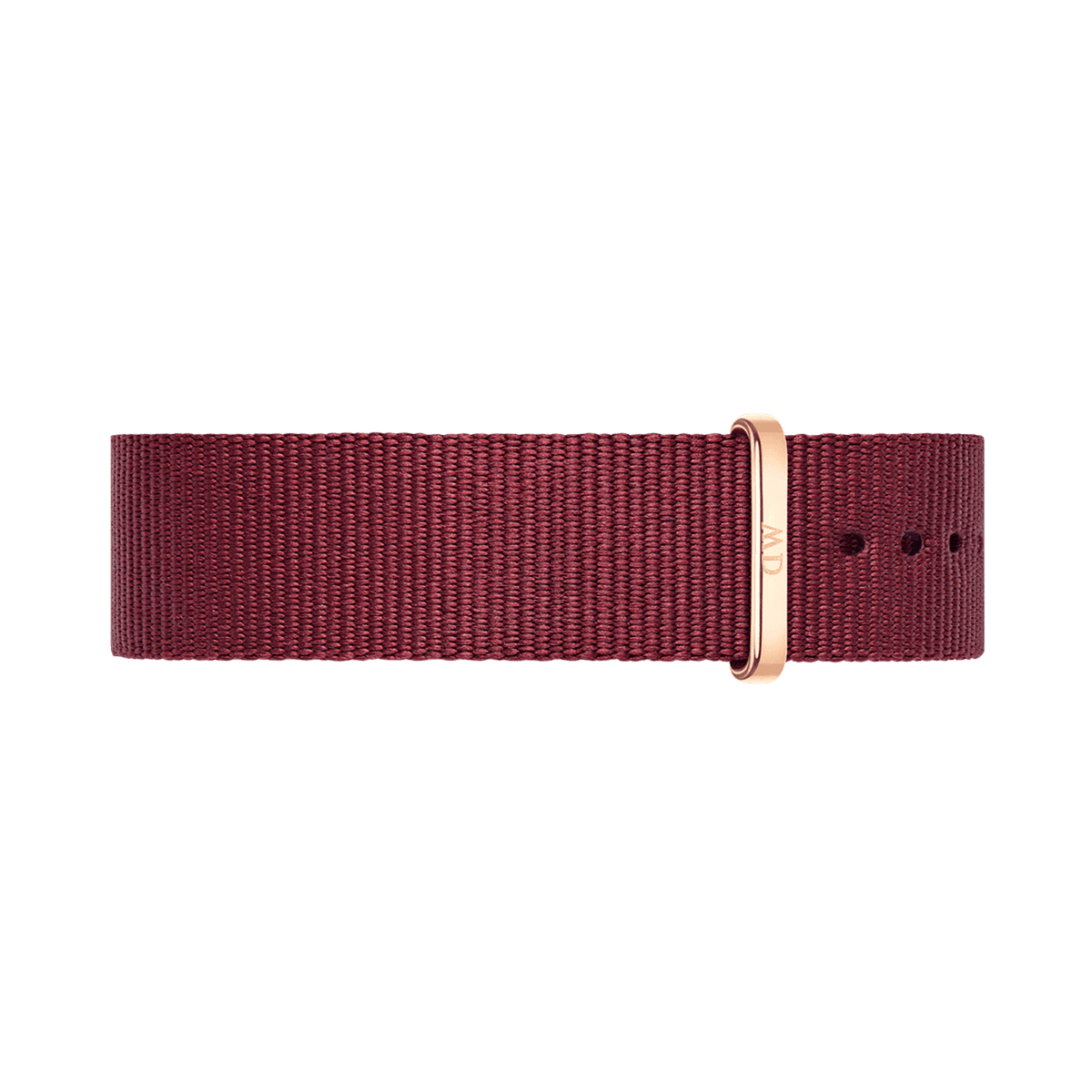 Roselyn Strap Rose Gold features a deep ruby red polyester NATO strap with an elegant rose gold buckle, designed for Daniel Wellington watches and suitable for both men’s and women’s styles.