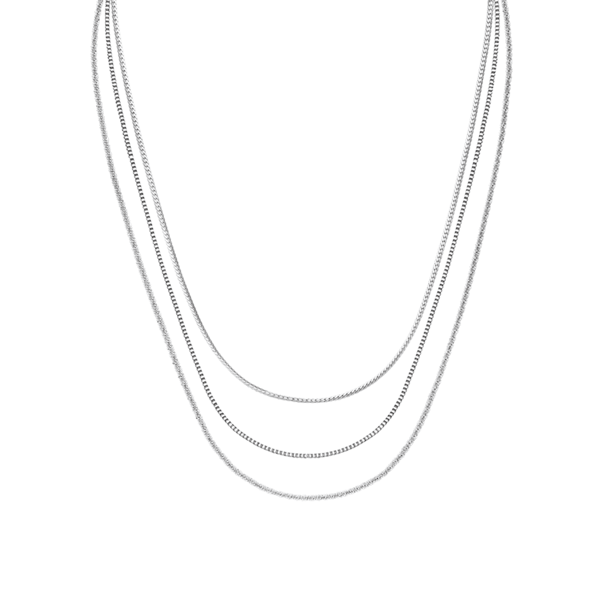 Trio of layered silver box chain necklaces with a polished finish, designed for versatile styling and a refined, minimal look.