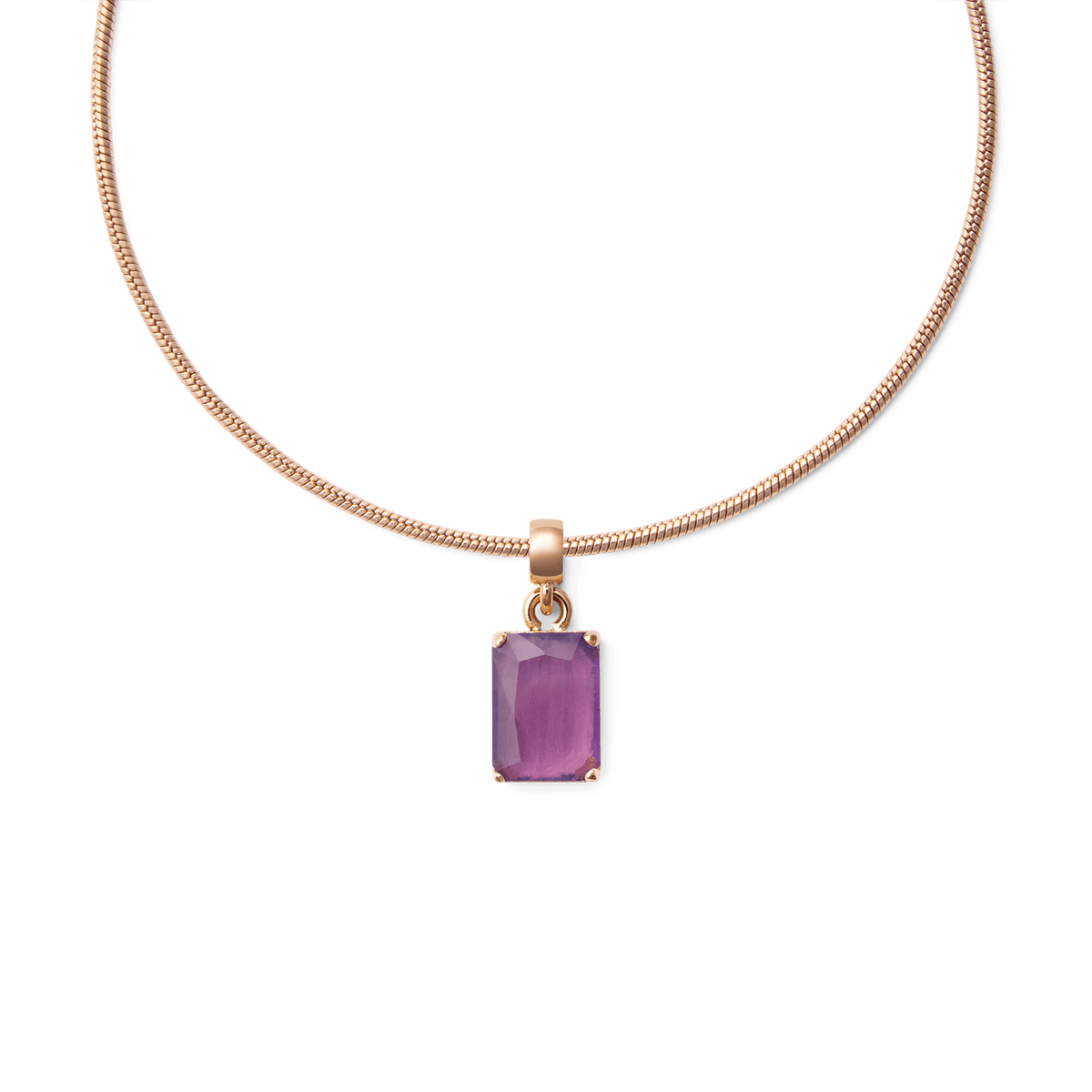 Rose gold necklace featuring an octagonal amethyst charm with a faceted purple stone, set in polished PVD-plated stainless steel for a refined and elegant finish.