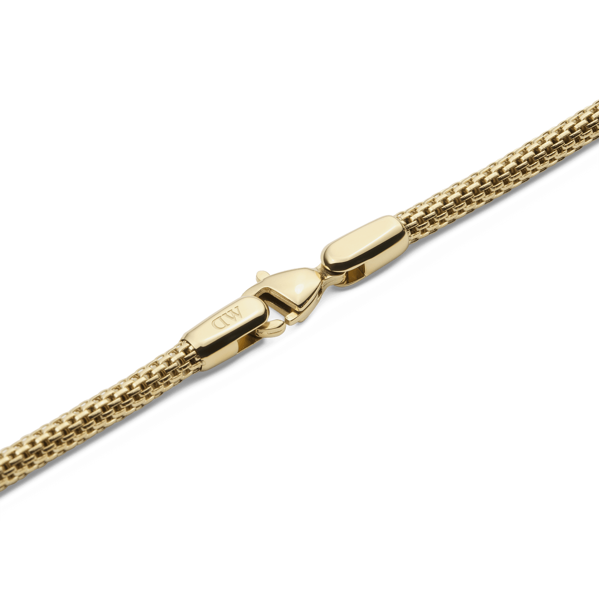 Detail of the Tide Mesh Necklace Gold 2.8 showing the secure lobster clasp and intricate gold mesh chain, crafted from stainless steel with a polished PVD gold finish.