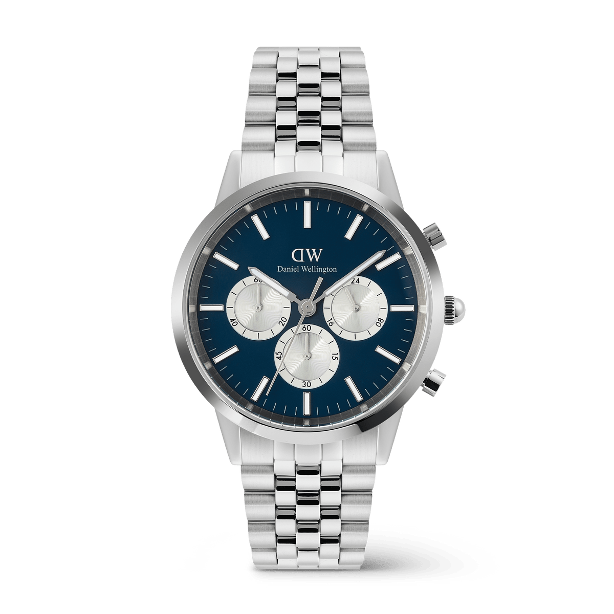 Daniel Wellington Iconic Chronograph Arch 5-Link Arctic Panda Silver watch featuring a polished stainless steel bracelet, deep blue enamel-finished dial, and contrasting silver sub-dials with luminous hands and indexes.
