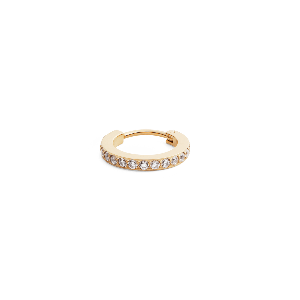 Gold hoop earring featuring a row of sparkling cubic zirconia crystals in a claw setting, crafted from stainless steel with a polished finish.
