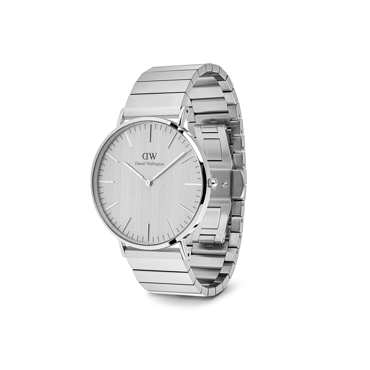 Classic Piano Link Silver Unitone watch with a brushed silver minimalist dial, geometric stainless steel piano link strap, and a polished round case.