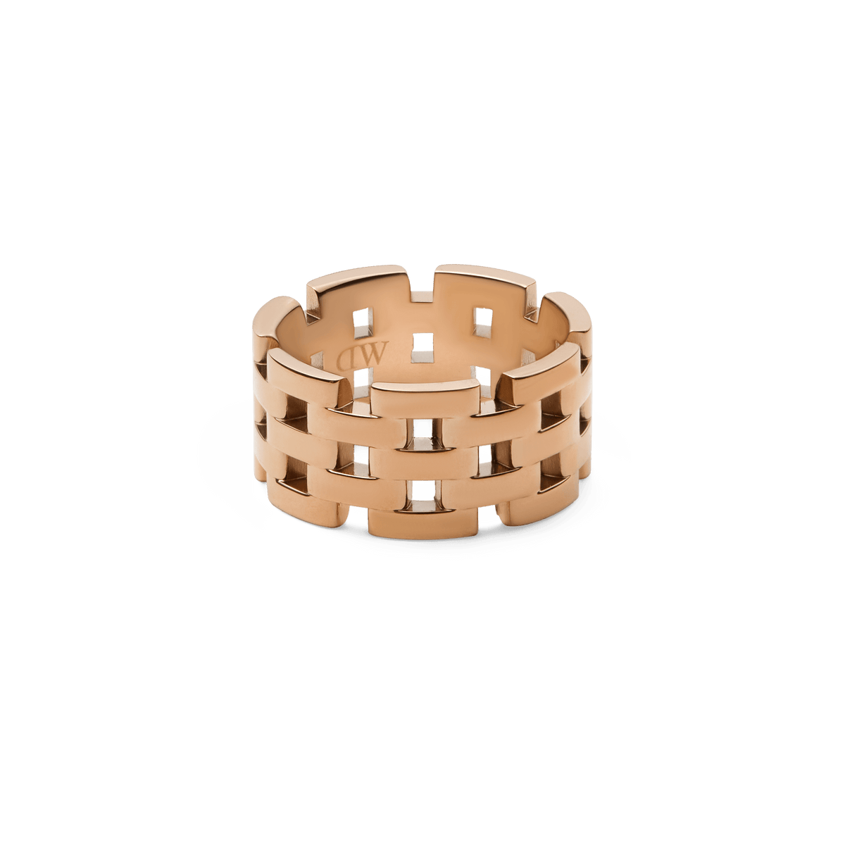 Rose gold 5-link ring featuring a bold, openwork design inspired by classic watch straps, crafted from polished stainless steel.