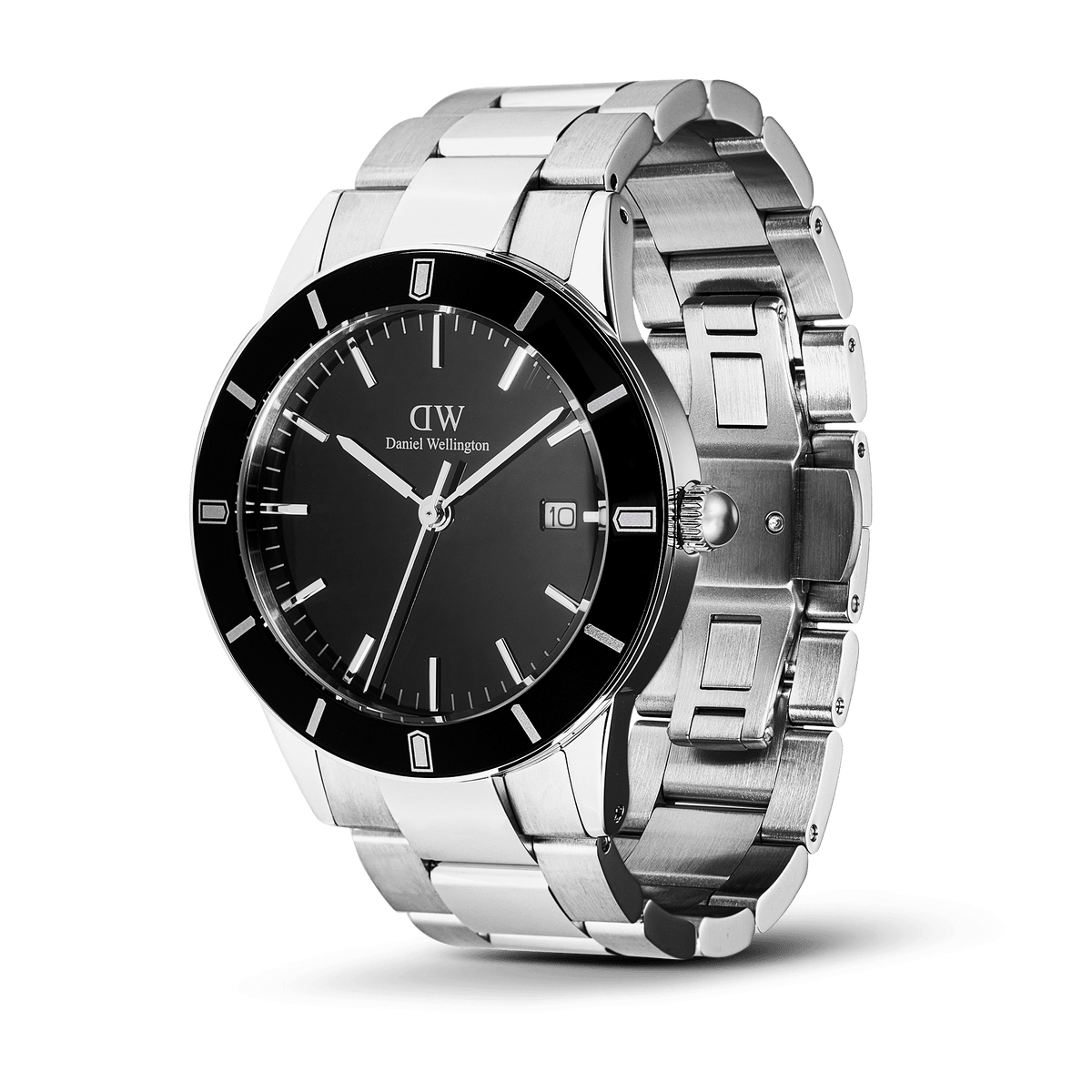 Daniel Wellington Iconic Paradigma Link Black Enamel watch with a round black dial, bold index bezel, date display, and a polished stainless steel bracelet featuring brushed and satin matte finishes.