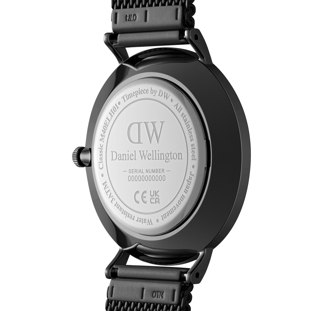 Caseback of the Classic Multi-Eye Ashfield Onyx watch showing Daniel Wellington branding, stainless steel construction, and engraved model details.