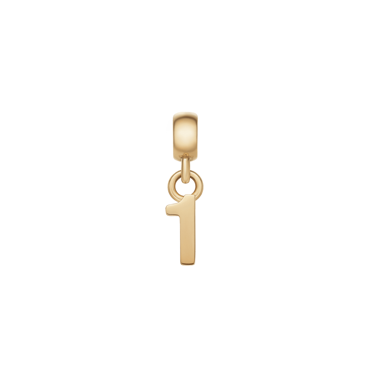 Gold number 1 charm with a polished finish, crafted from stainless steel with PVD gold plating, designed for use on bracelets or necklaces.