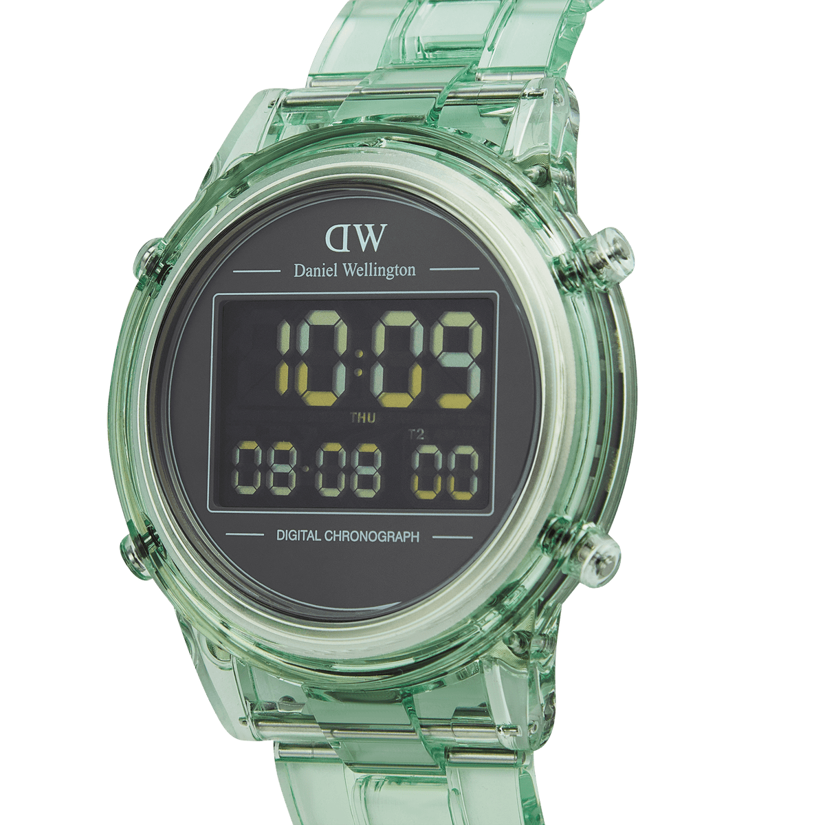 Close-up of the Daniel Wellington Retro Digital Light Green watch, highlighting its transparent light green case, matching strap, and bold black digital chronograph dial.