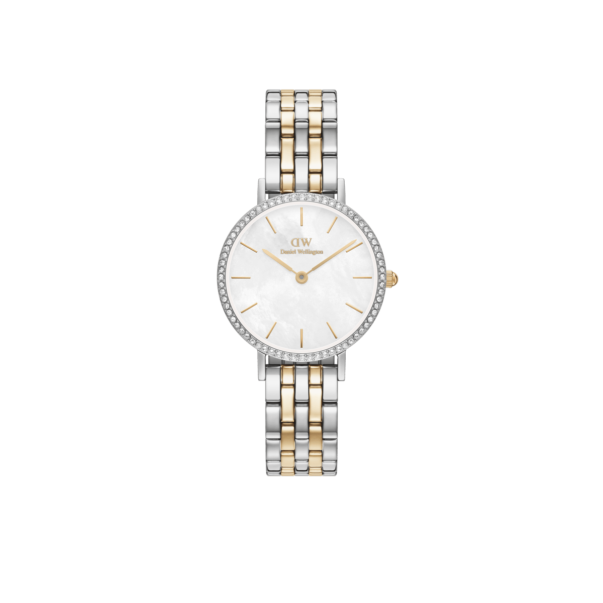 Petite Lumine Bezel 5-Link watch with two-tone silver and gold strap, crystal bezel, and white mother of pearl dial.