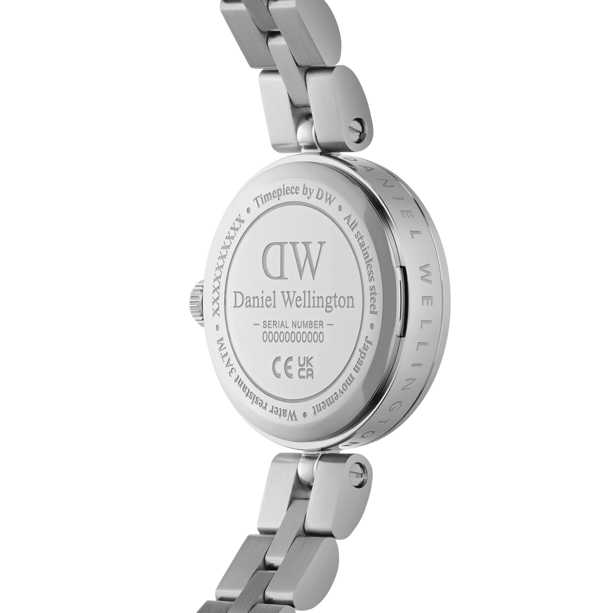 Back view of Elan Lumine Unitone Silver women’s watch showing engraved Daniel Wellington logo and stainless steel bracelet.
