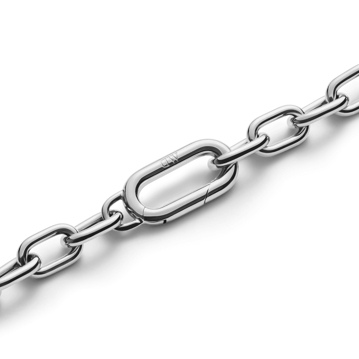 Detail of the Crystal Link Necklace Silver showing the polished stainless steel chain and the secure spring gate clasp with subtle branding.