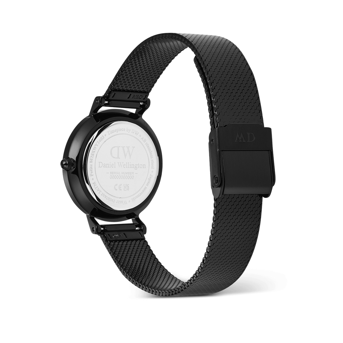 Rear view of the Daniel Wellington Petite Reflection Black watch, showing the engraved stainless steel case back, adjustable black mesh strap, and secure clasp buckle.