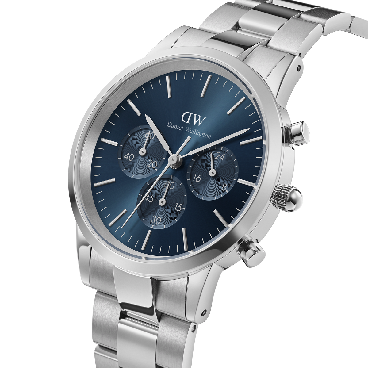 Iconic Chronograph Arctic S watch with a polished silver stainless steel bracelet and a deep blue sunray dial, featuring three sub-dials and minimalist hour markers for a refined, modern look.
