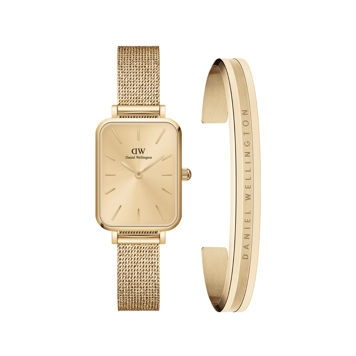 Rectangular gold mesh strap watch with a minimalist gold dial, paired with a matching polished gold cuff bracelet engraved with