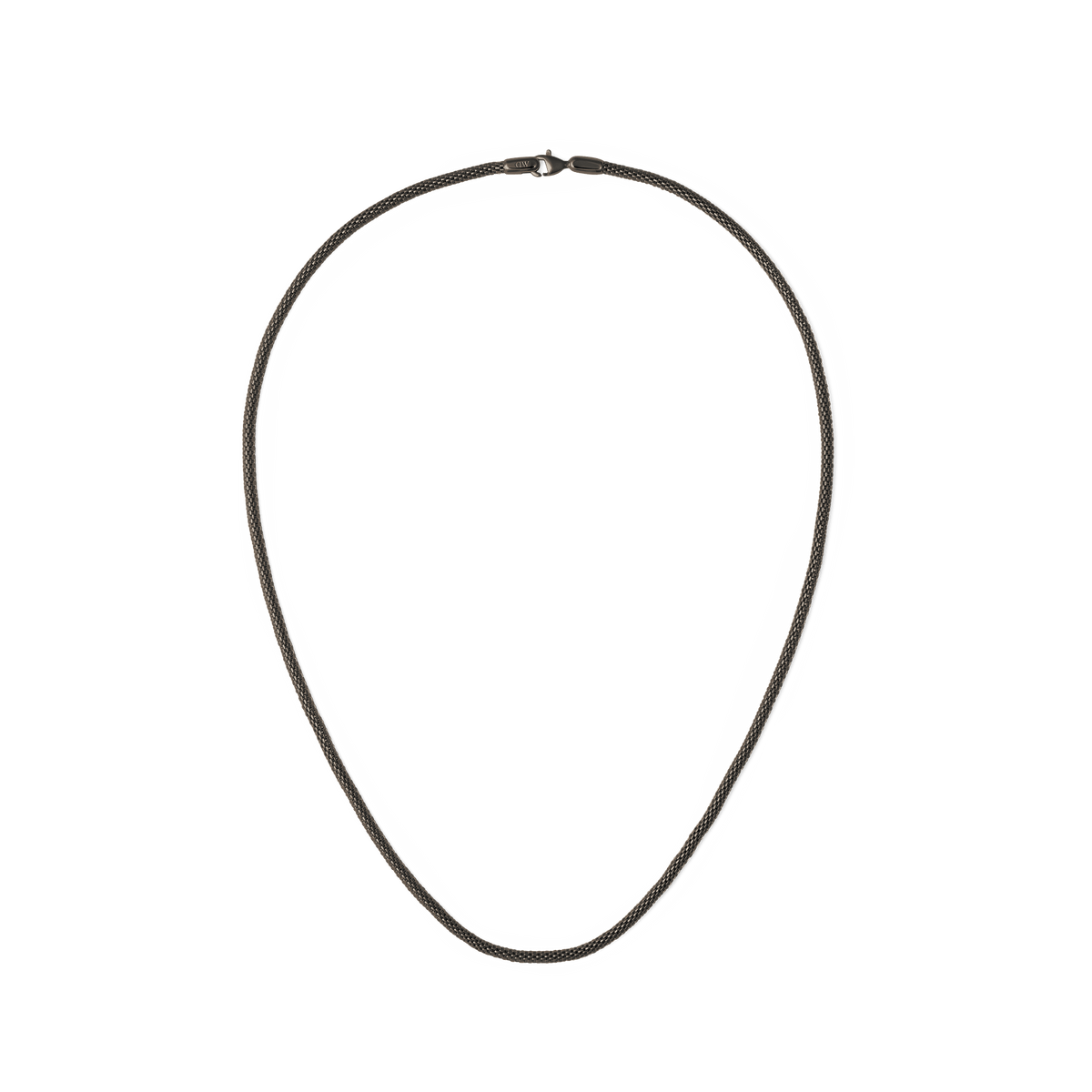 Graphite mesh necklace with a fine, lightweight stainless steel chain and a sleek lobster clasp, showcasing a minimalist and modern design.