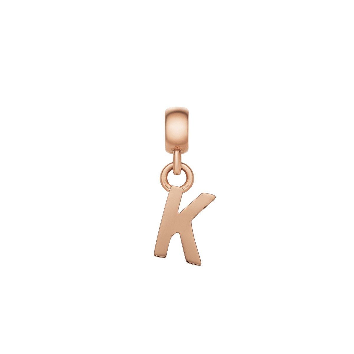 Rose gold letter K charm with a polished finish, crafted from stainless steel and designed to fit bracelets or necklaces for a personalised jewellery look.