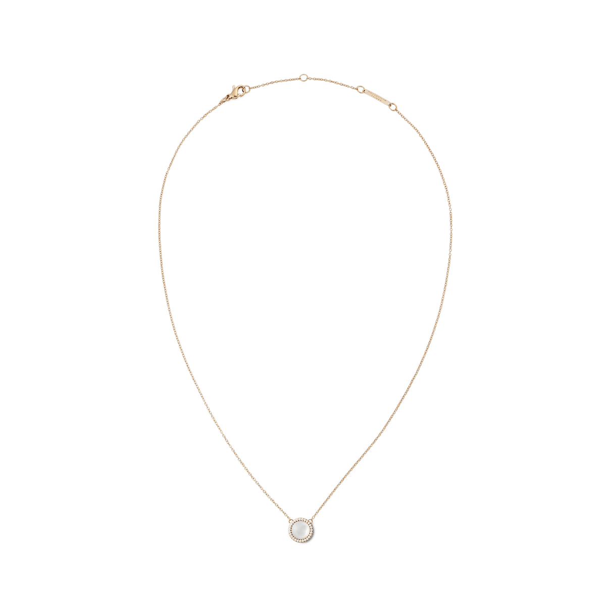 Rose gold necklace featuring a delicate chain and a domed mother of pearl pendant, encircled by a fine halo of white cubic zirconia crystals. The adjustable chain and secure lobster clasp offer a refined, elegant look suitable for everyday wear or special occasions.