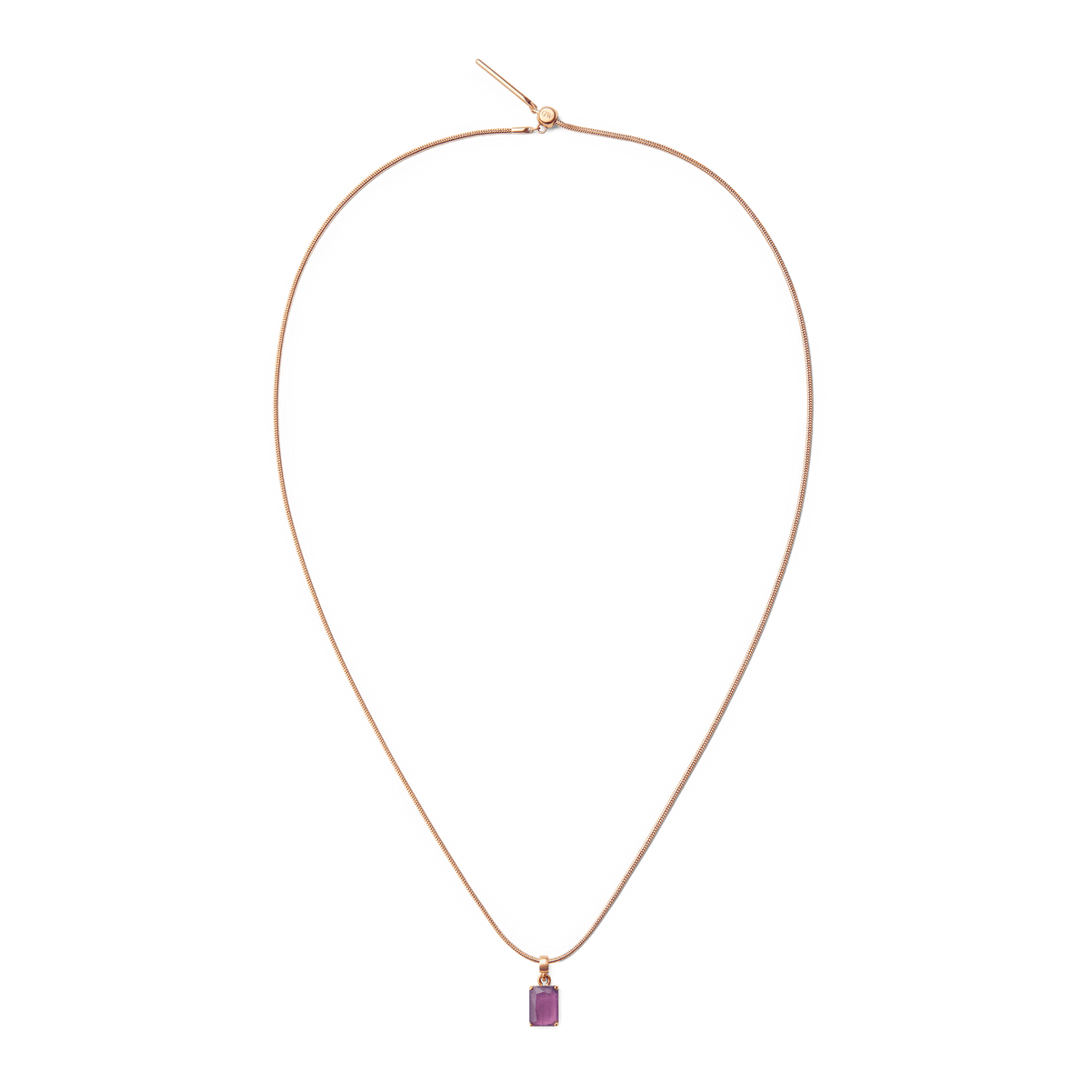 Slim rose gold necklace featuring an octagonal amethyst charm with a faceted purple stone, offering a refined and elegant accent for everyday wear.