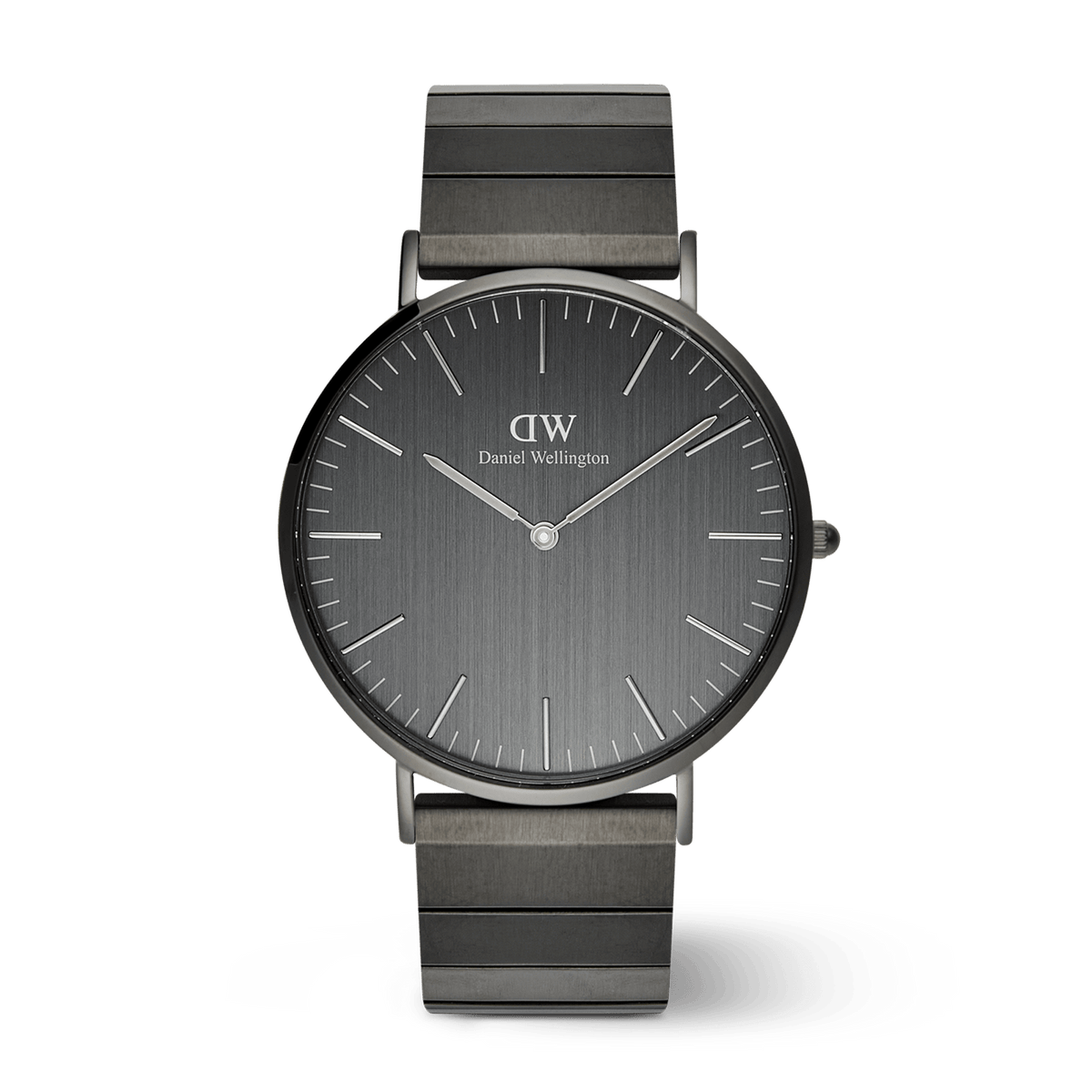 Classic Piano Link Graphite Unitone men’s watch featuring a brushed graphite dial, minimalist hour markers, and a matching geometric piano link stainless steel strap.