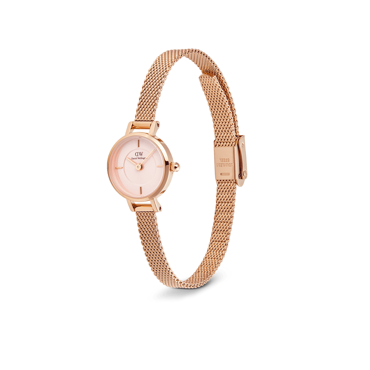 Petite Mini Blush Melrose watch with a blush pink sunray dial, rose gold 19mm case, and a fine mesh strap with an adjustable clasp.