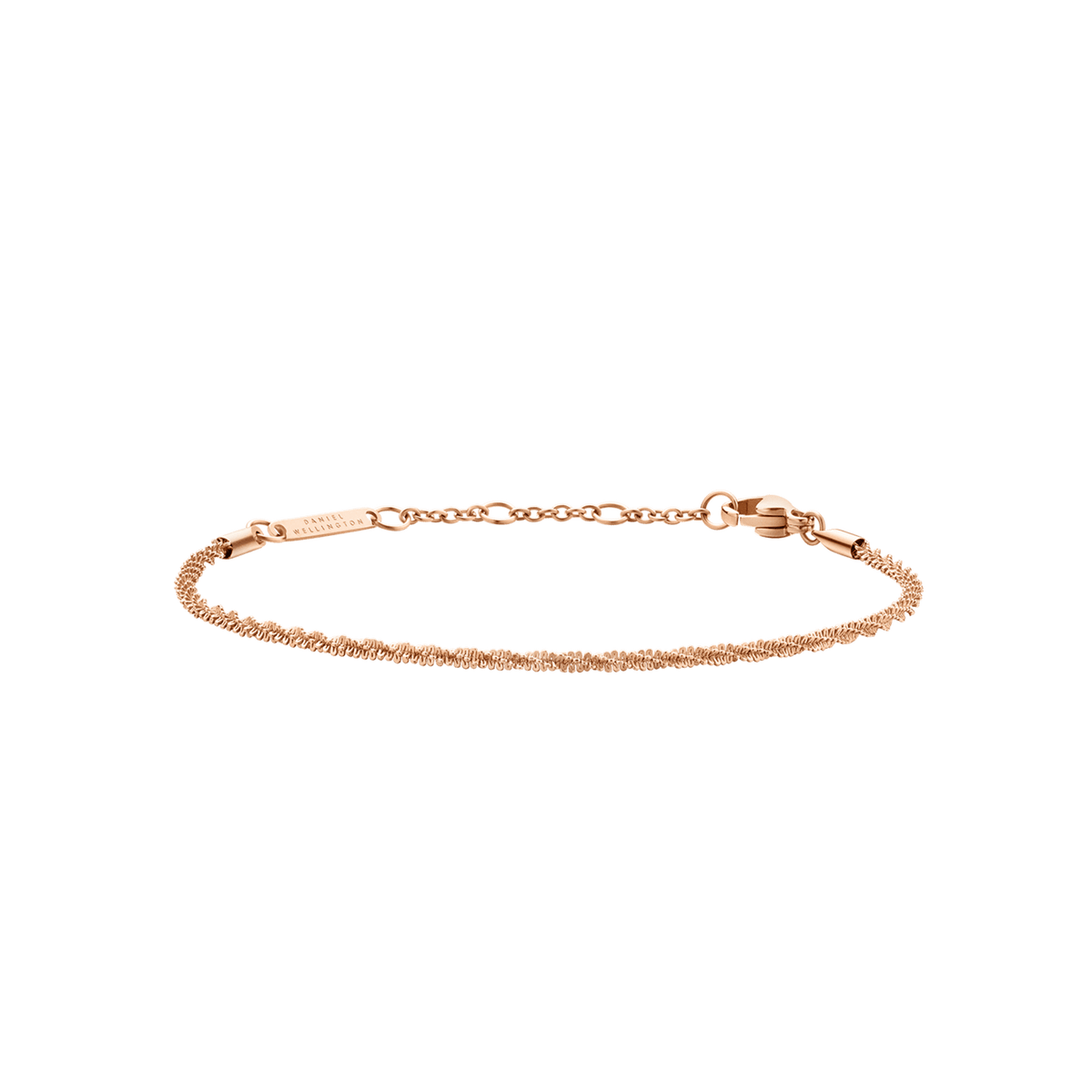 Delicate rose gold twisted chain bracelet with an adjustable clasp, featuring a refined rope design and polished finish.