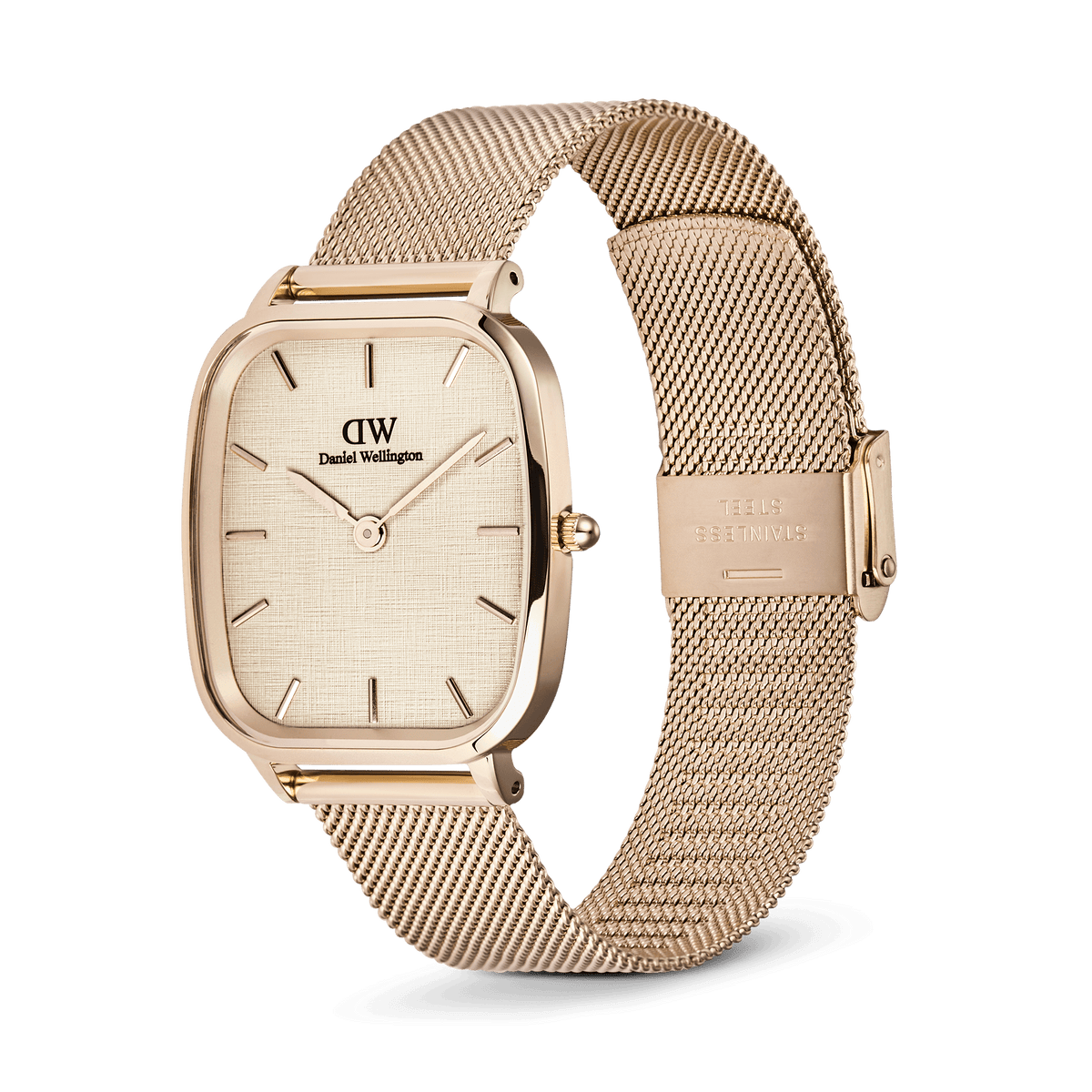 Daniel Wellington Marlon Melrose Linen watch with a polished rose gold cushion-shaped case, linen-textured dial, minimalist hour markers, and an adjustable rose gold mesh strap.