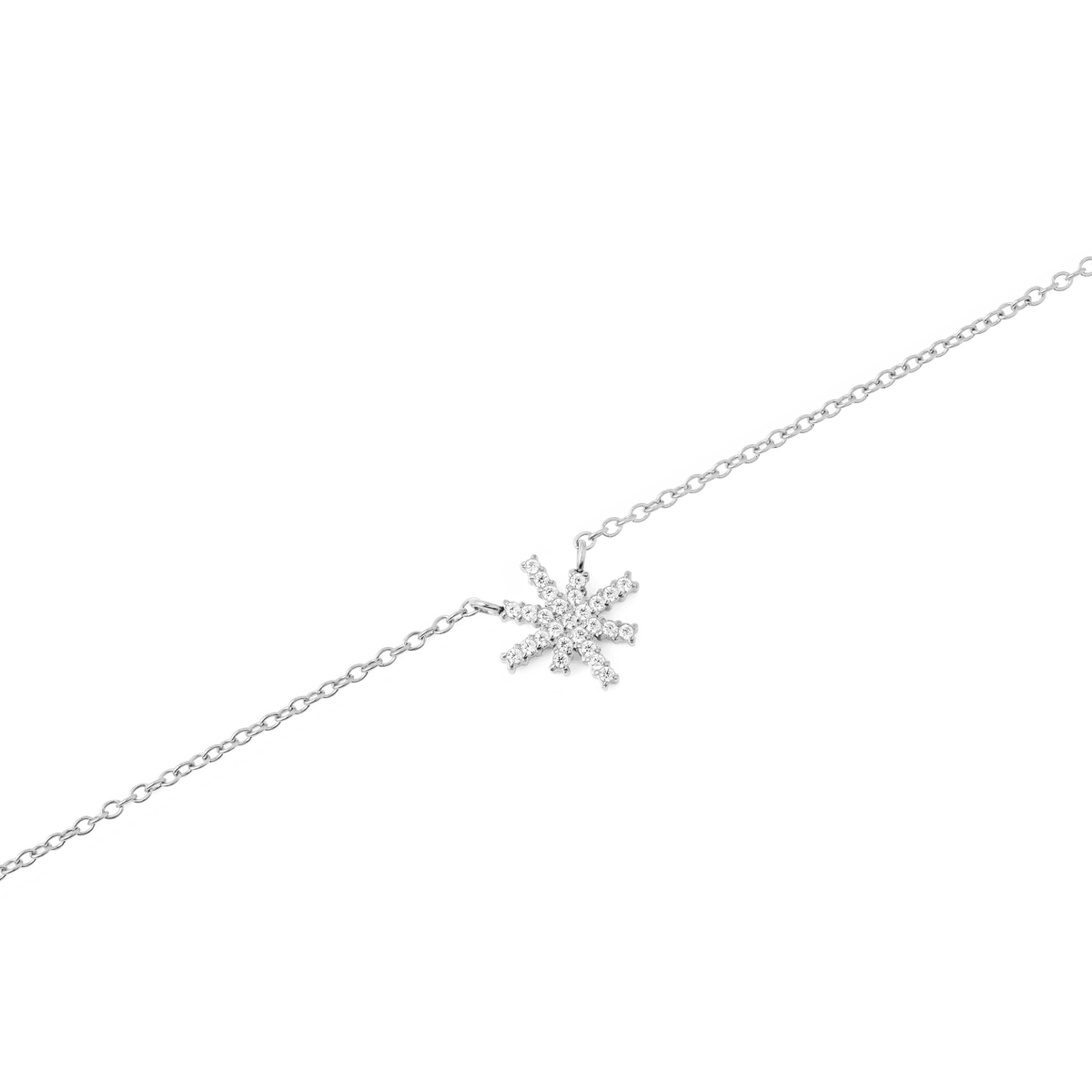 Close-up of the Mirelle Star Necklace Silver, showing a polished silver chain with a star-shaped pendant set with sparkling white cubic zirconia crystals.