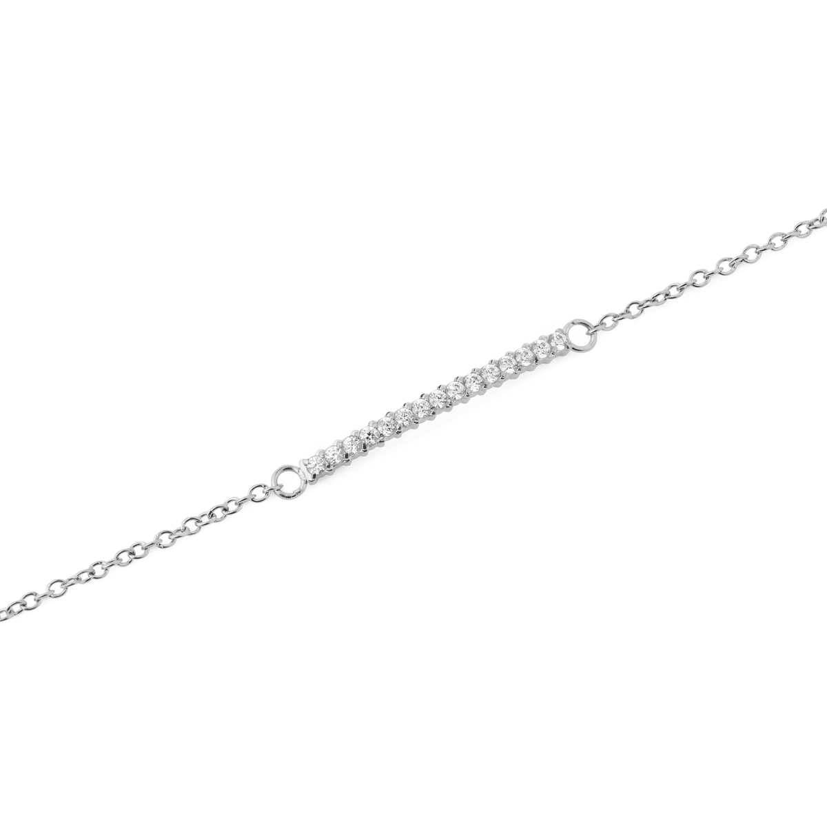 Close-up of the Mirelle Eternity Bracelet Silver, highlighting its slender silver chain and curved bar set with sparkling white cubic zirconia crystals for a refined, elegant finish.