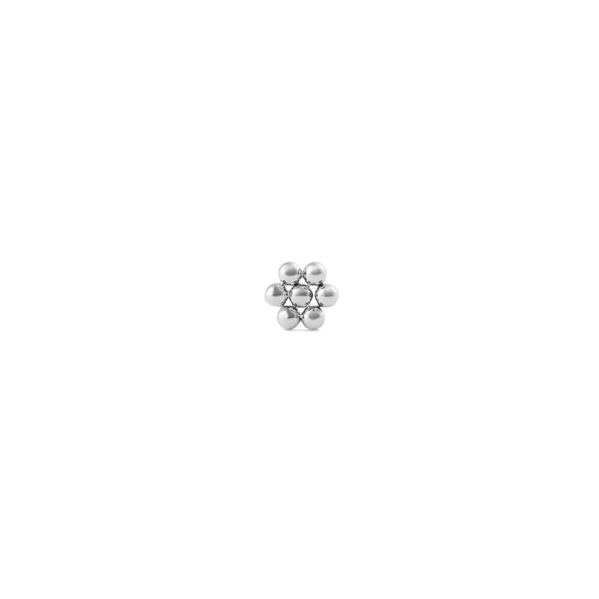 Polished silver flower stud earring crafted from stainless steel, featuring a minimalist six-petal design with a smooth, reflective finish.