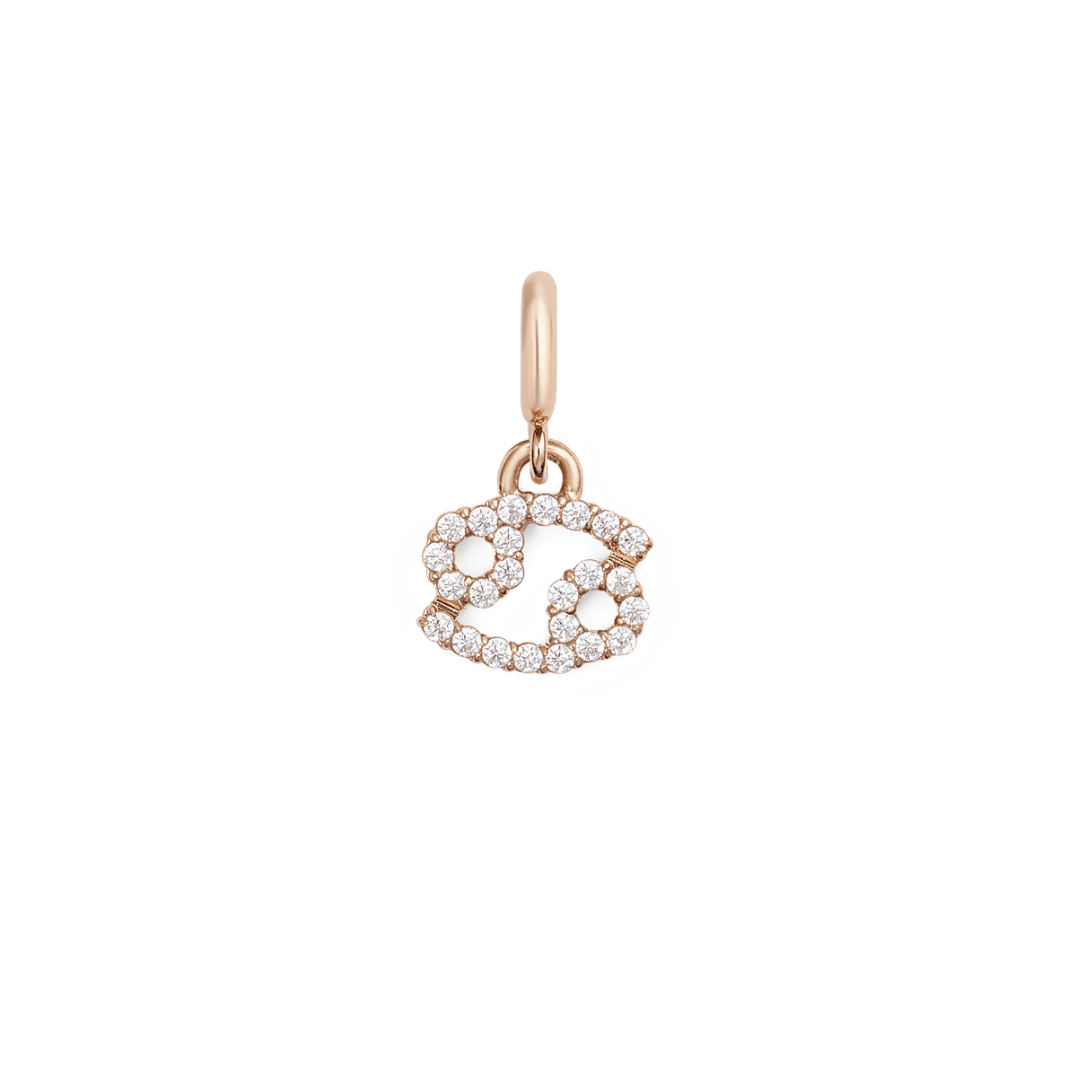 Cancer zodiac watch charm in rose gold, featuring the Cancer symbol adorned with sparkling cubic zirconia crystals on a polished stainless steel charm.