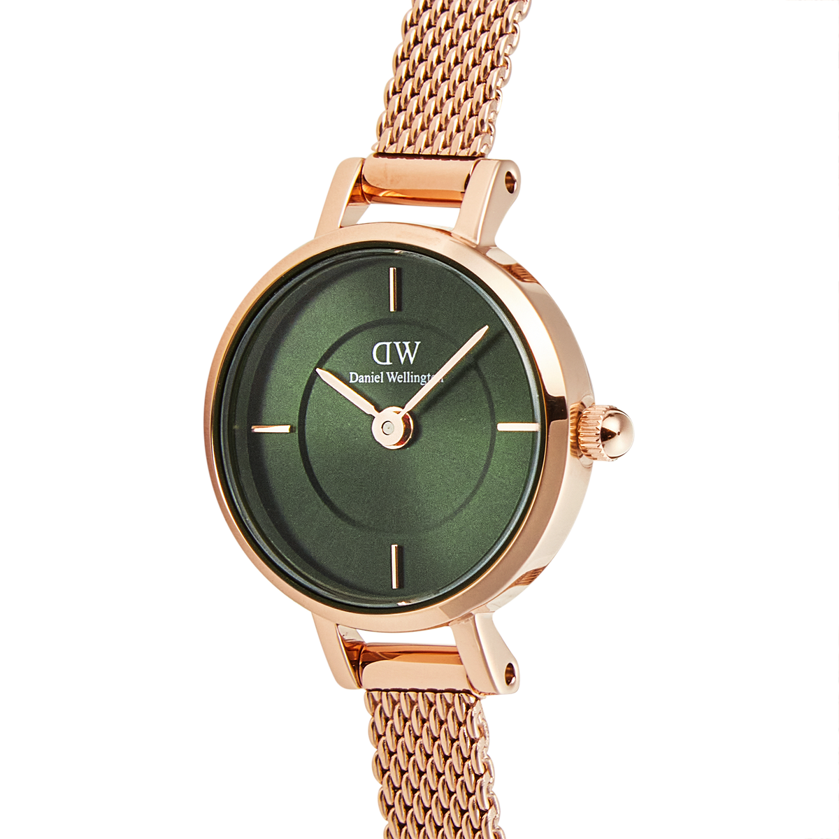 Petite Mini Emerald Melrose watch featuring a round emerald green sunray dial, minimalist gold hour markers, and a rose gold mesh strap with a refined, elegant finish.