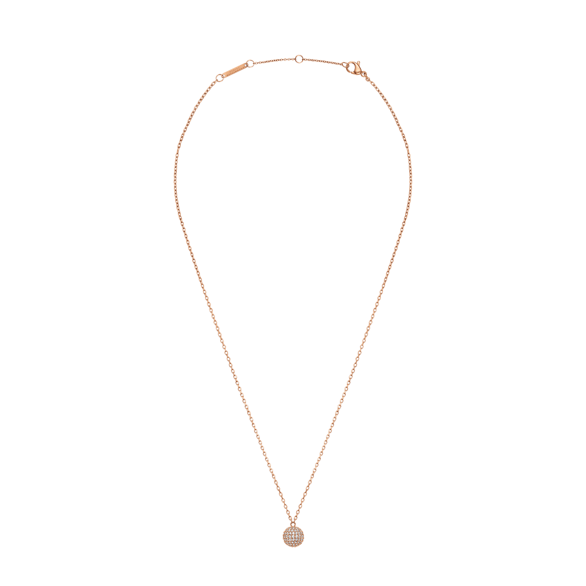 Pavé Crystal Pendant Necklace in rose gold with an adjustable chain and a sparkling pavé sphere pendant set with cubic zirconia crystals.