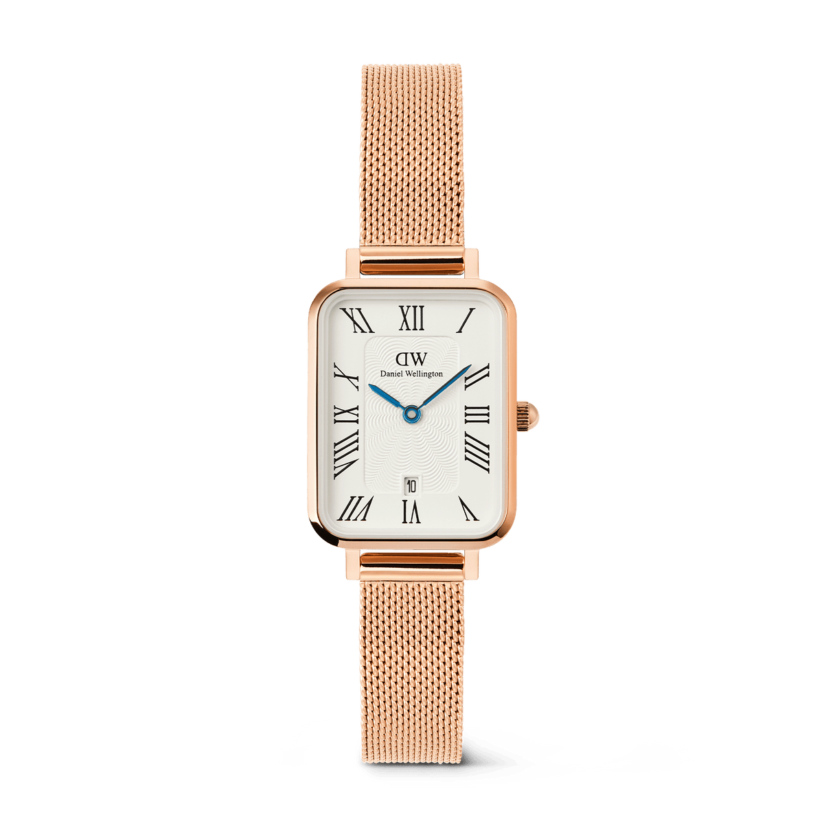 Rectangular women’s watch with a rose gold mesh strap, white dial featuring bold Roman numerals, guilloché inner pattern, and a date window at 6 o’clock. The elegant Quadro Melrose design combines classic styling with a modern rose gold finish.