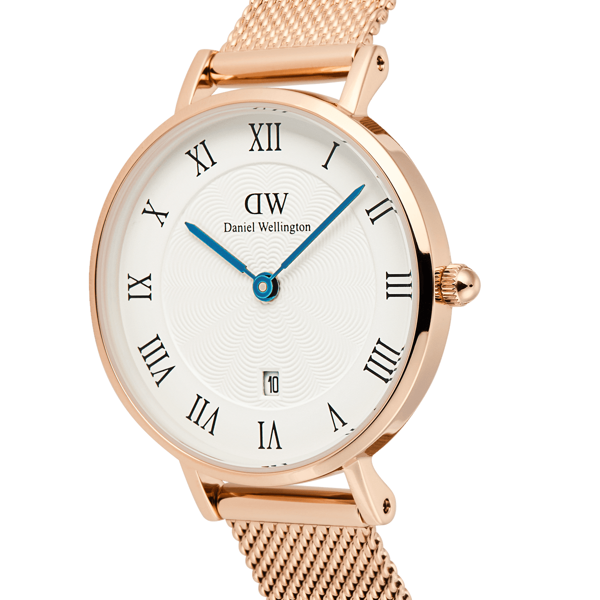 Close-up of the Petite Roman Numerals Date Rose Gold watch, showcasing its polished rose gold case, crisp white dial with black Roman numerals, blue hands, and a date window at six o’clock. The fine mesh bracelet and guilloché pattern add a refined, elegant touch.