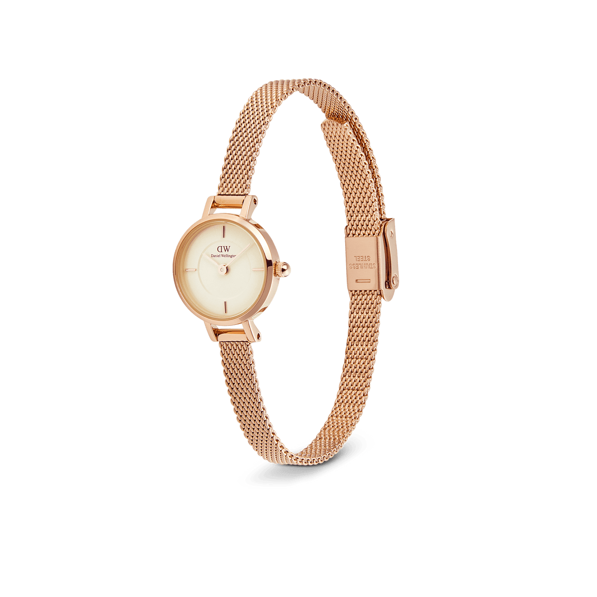 Petite Mini Champagne Melrose watch with a delicate 19mm round champagne dial and slim rose gold mesh strap, shown from a side angle to highlight its elegant, minimalist design.