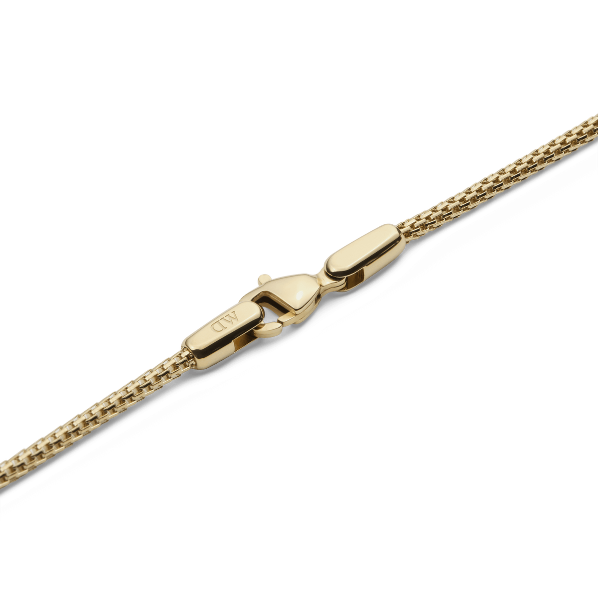 Detail of the Tide Mesh Necklace Gold 1.8 showing the polished gold lobster clasp and fine mesh chain, highlighting its secure fastening and elegant craftsmanship.
