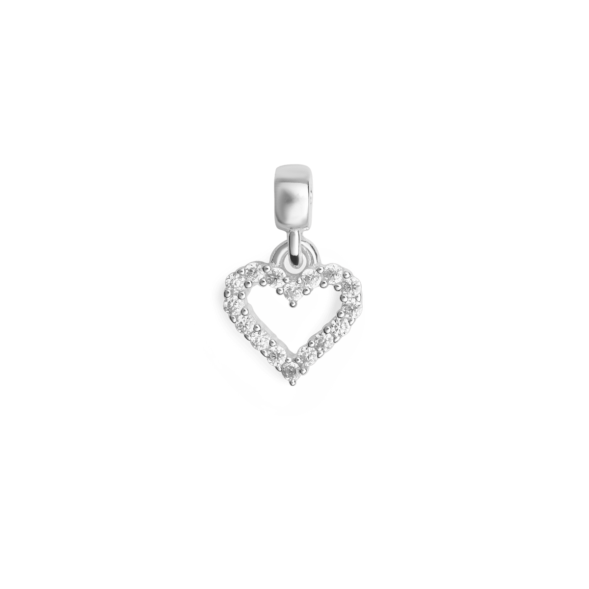 Sterling silver heart-shaped charm with an open contour design, adorned with sparkling white cubic zirconia crystals in a delicate claw setting.