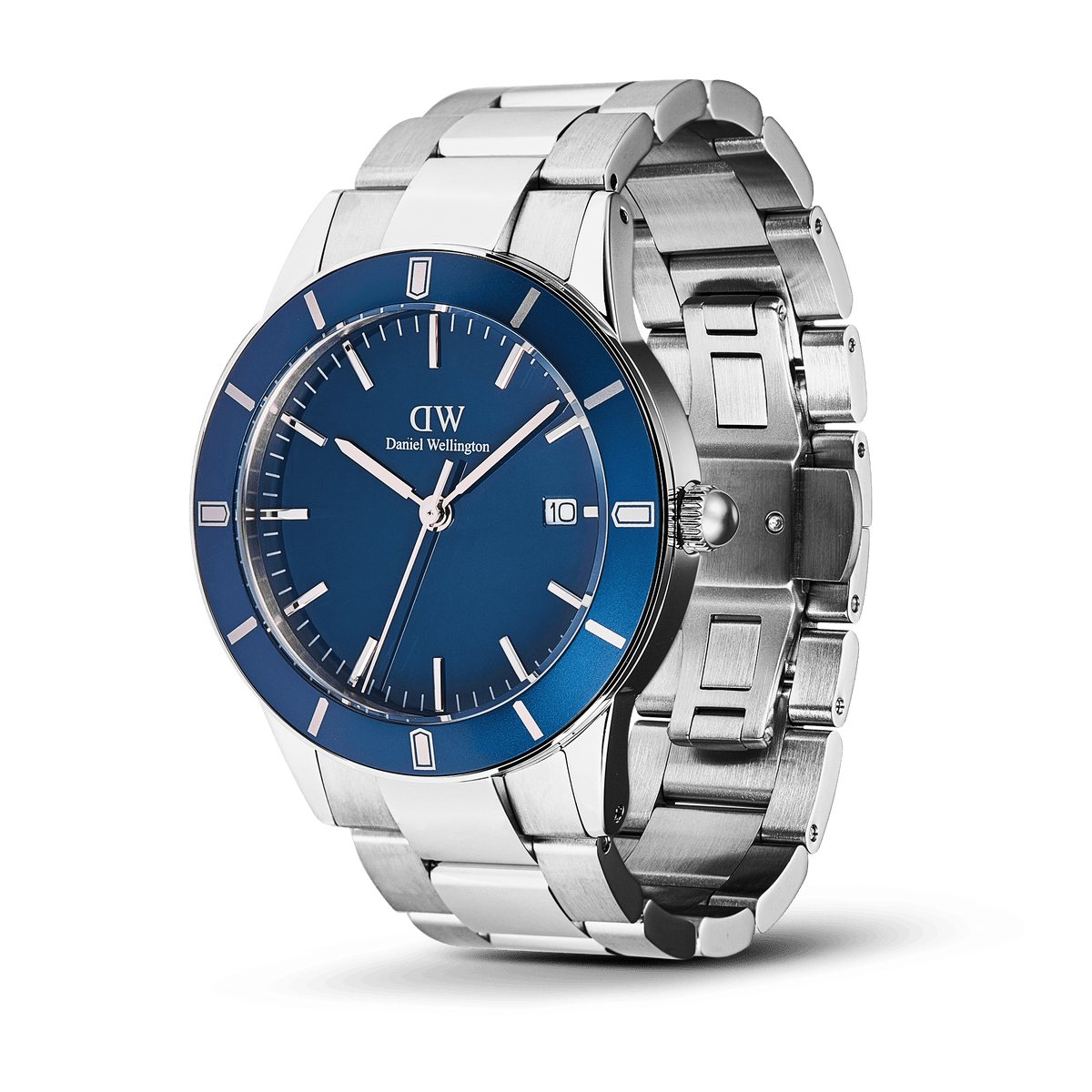 Iconic Paradigma Link Blue Enamel men’s watch with a polished and brushed stainless steel bracelet, deep blue enamel dial, minimalist hour markers, and a date window at 3 o’clock.