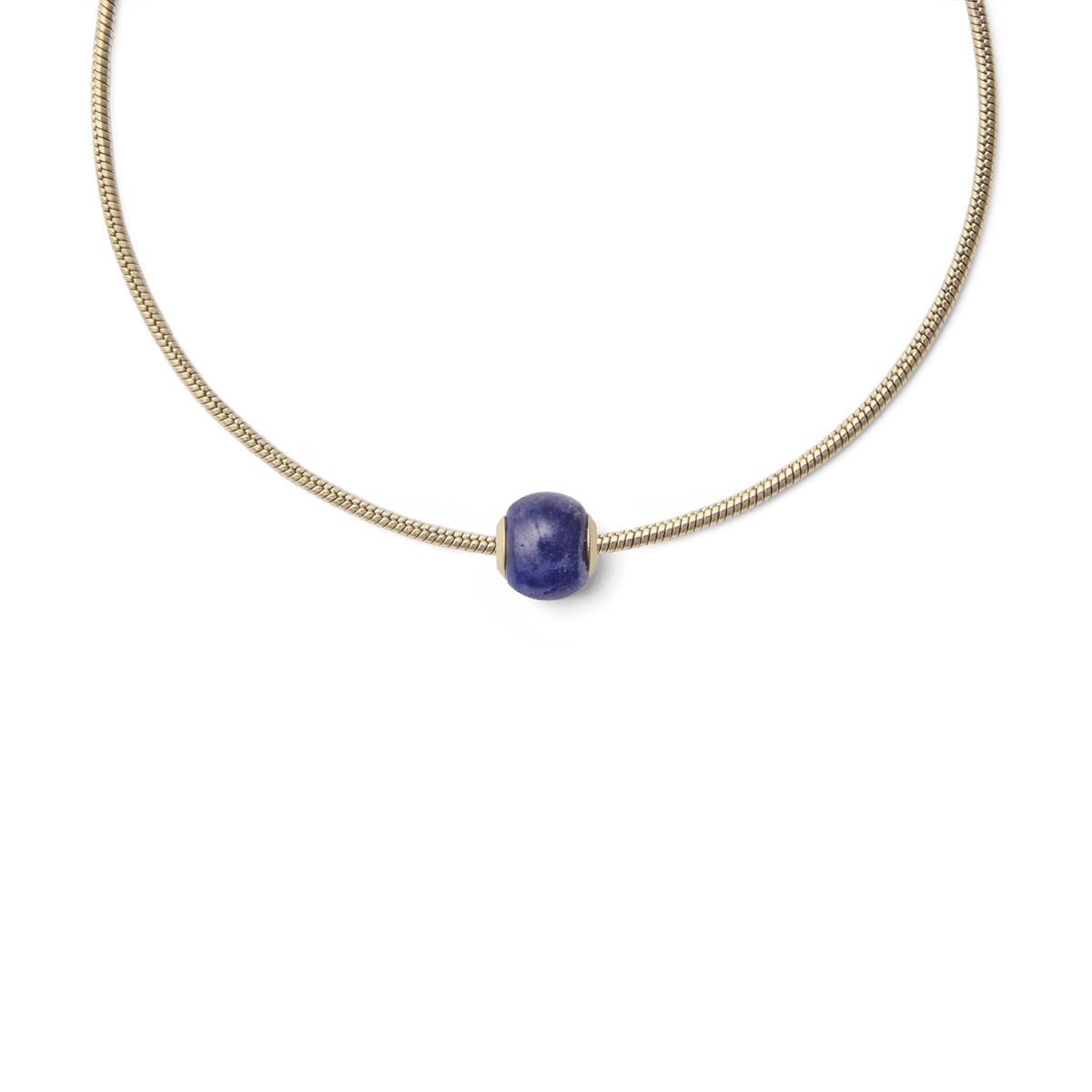 Gold snake chain necklace featuring the Blue Spot Orb Gold Charm, showcasing a rounded semi-precious blue stone with natural veining set in a gold-tone frame.
