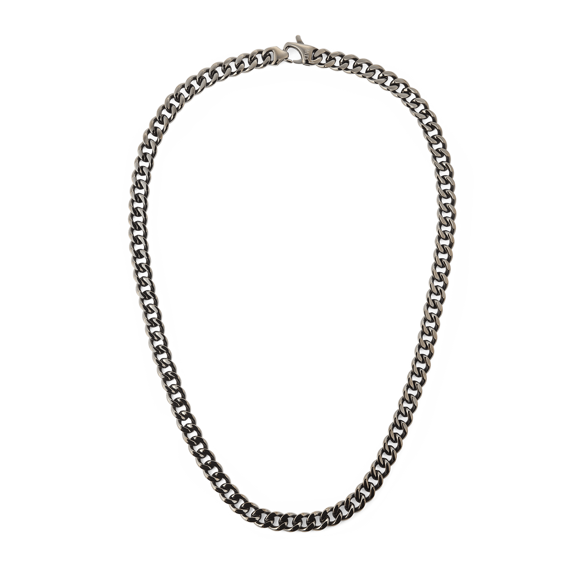 Chunky Cuban chain necklace in graphite-finished stainless steel, featuring flat, polished links and a matching lobster clasp for a modern, elegant look.